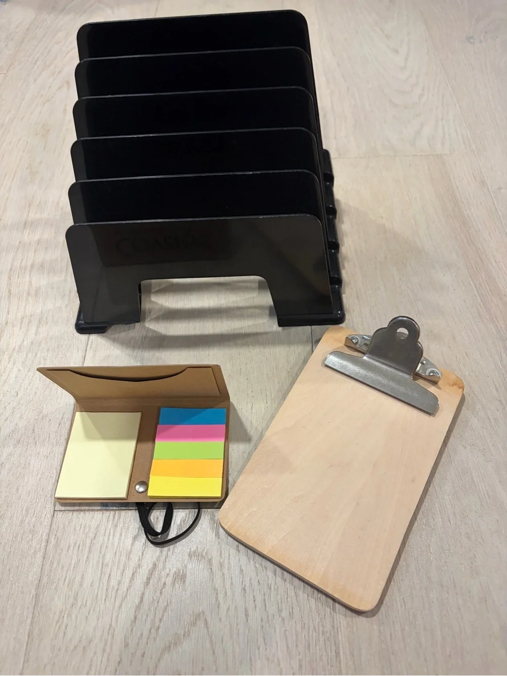Black Acrylic Desk File Organizer with Sticky Note Set and Mini Clipboard